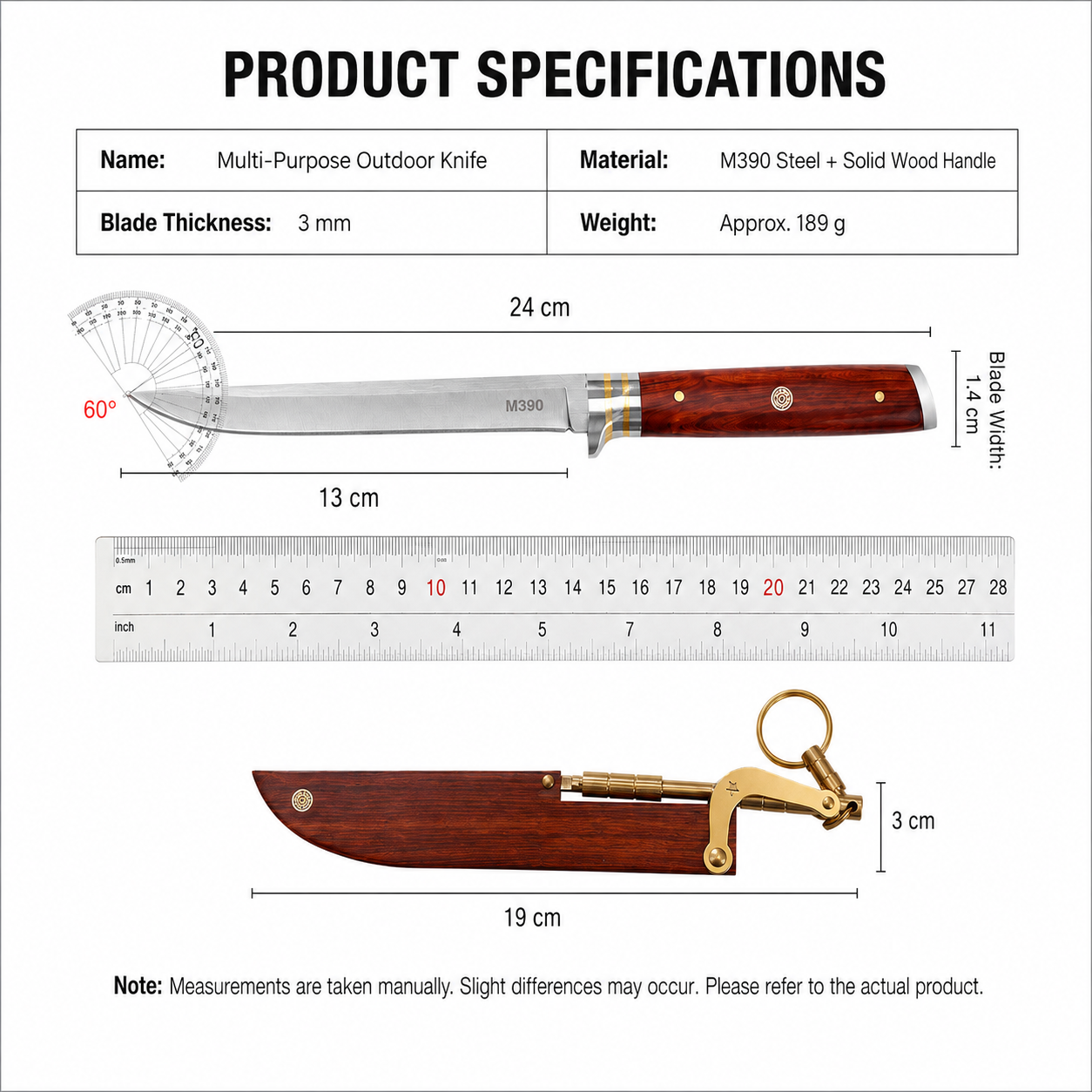 M390 Premium Fixed Blade Knife – Solid Wood & Brass Handle with Quick-Release Sheath