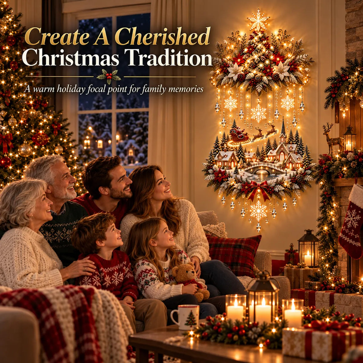 ⭐⭐ Illuminated Christmas Tree & Village Wall Hanging | Cascading Warm Lights for Living Rooms, Entryways & Staircases ✨