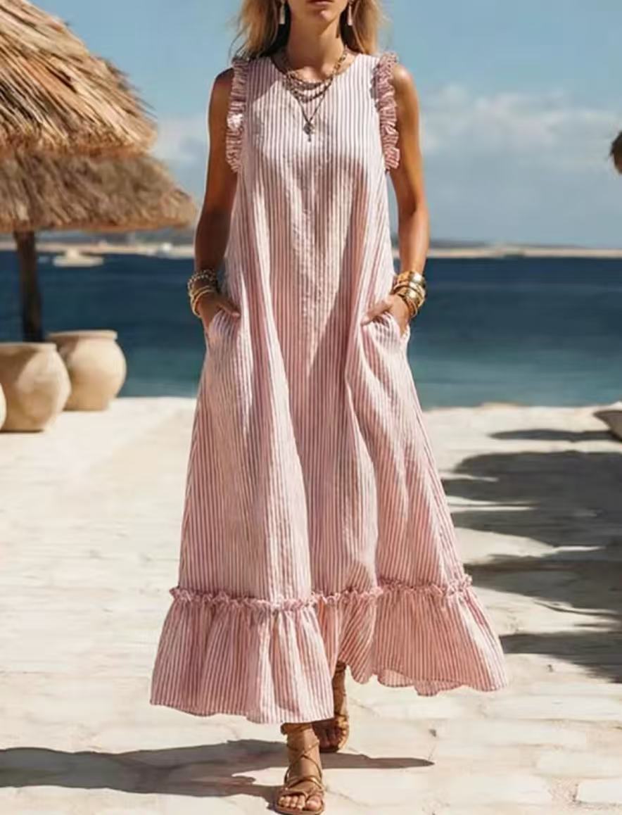 ๐ Coastal Striped Ruffle Maxi Dress