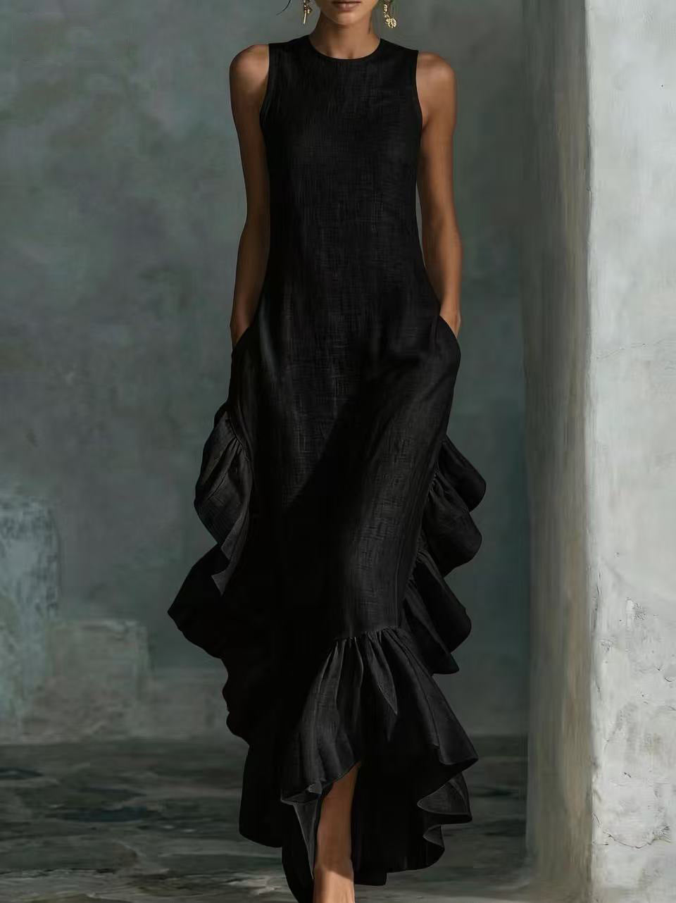 Sleeveless Ruffled Linen Maxi Dress