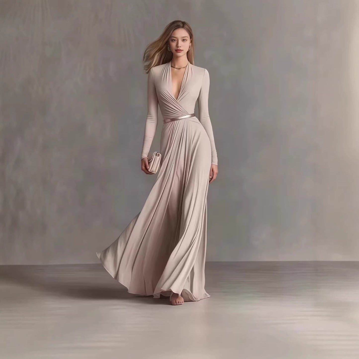 Solid Color Textured Long-Sleeved Elegant Dress For Women With Small Fragrant Waist