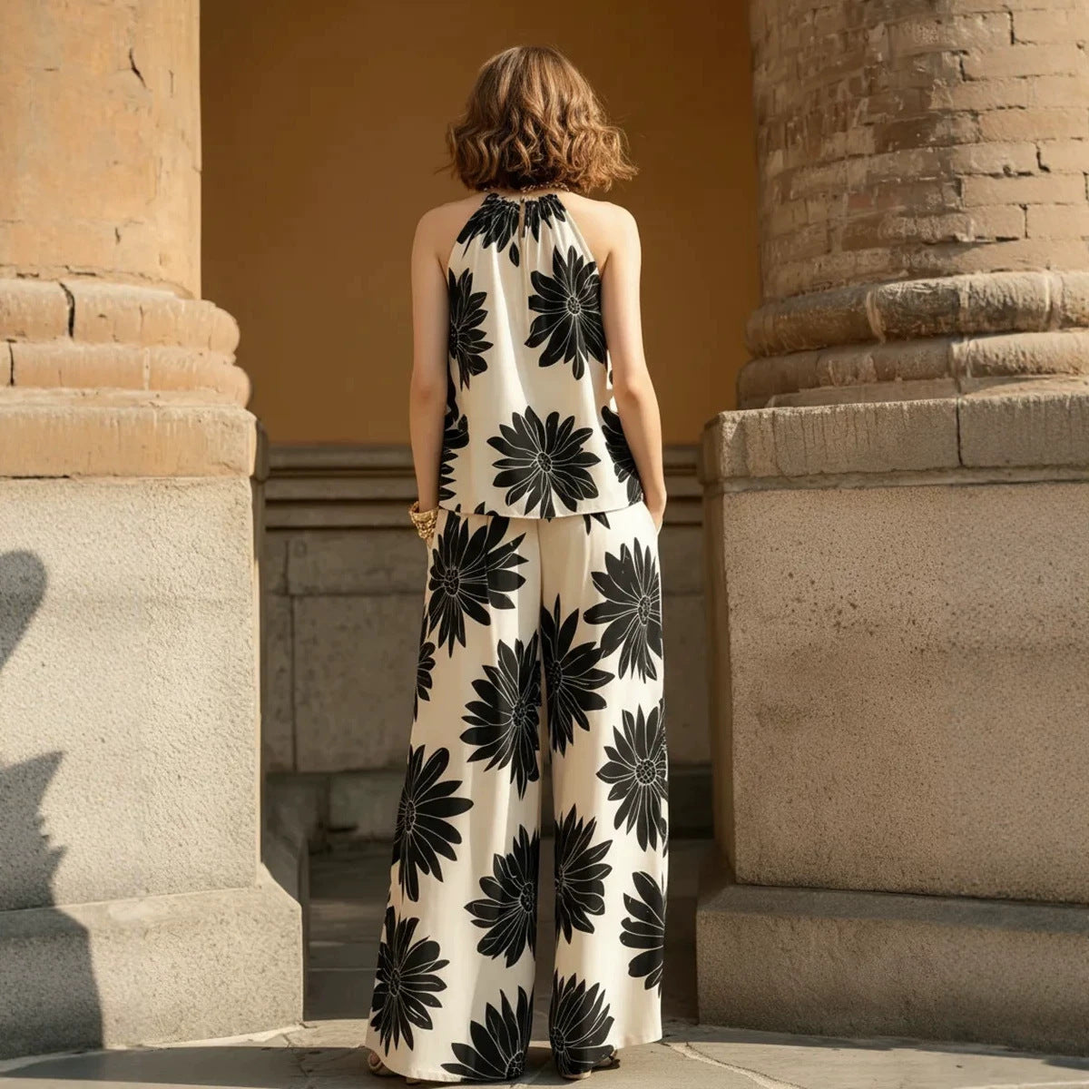 2 Piece Halter Floral Print Wide Leg Pants Set