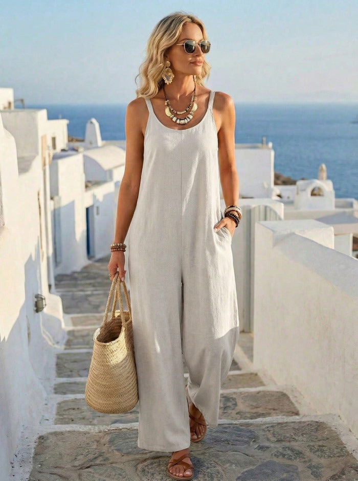 ๐ Premium Linen-Blend Sleeveless Wide-Leg Jumpsuit