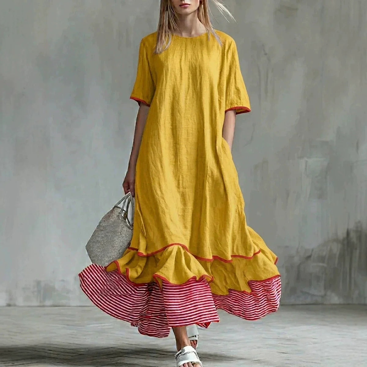 Linen Piping Stripe Ruffle Hem Loose Maxi Dress