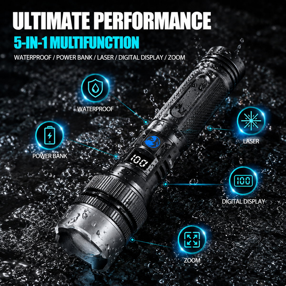 🔦 High-Power Flashlight – Zoomable, Power Bank + Digital Battery Display, Aluminum Alloy