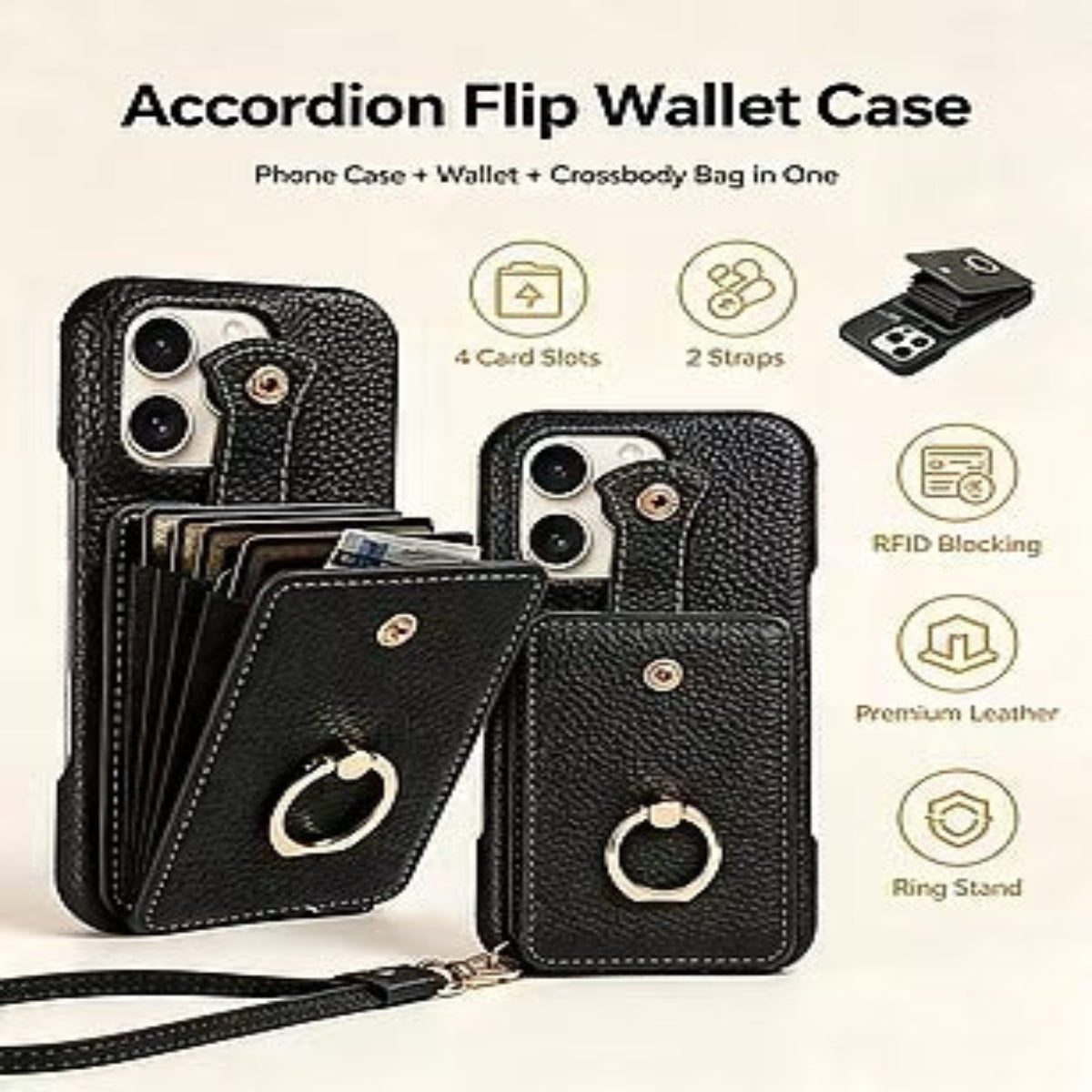 🎁Wallet Case with Ring,High Stylish Luxury Leather Accordion Card Holder,Anti-Drop Lanyard,Multi-Functional Ring Stand,Protective Leather Case