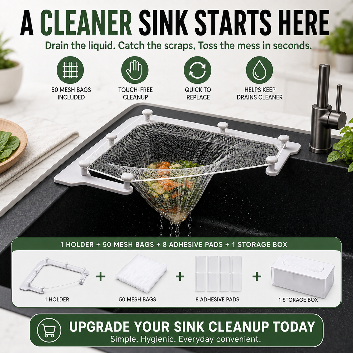 ποΈ Smart Sink Strainer Holder Kit With 50 Mesh Bags β Keep Food Scraps Away From Your Drain