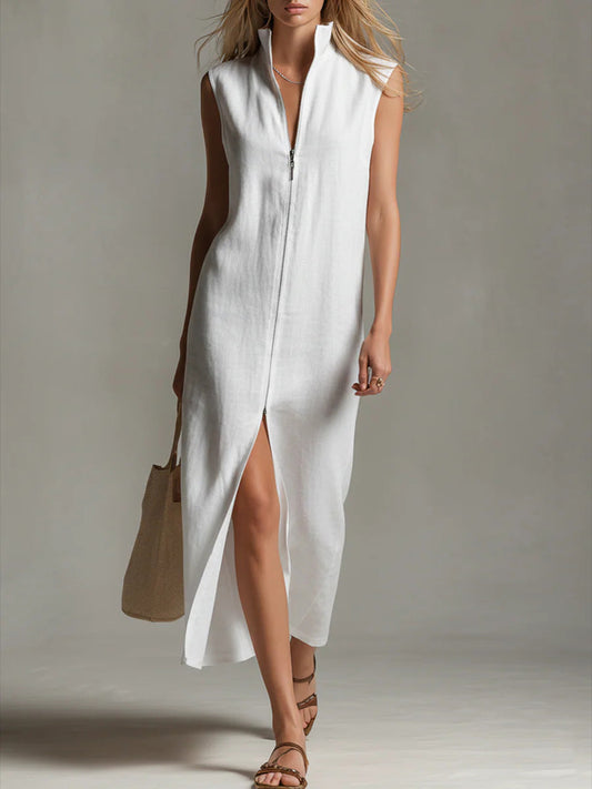 Women's Solid Color Stand-collar Sleeveless Casual Loose Linen Dress