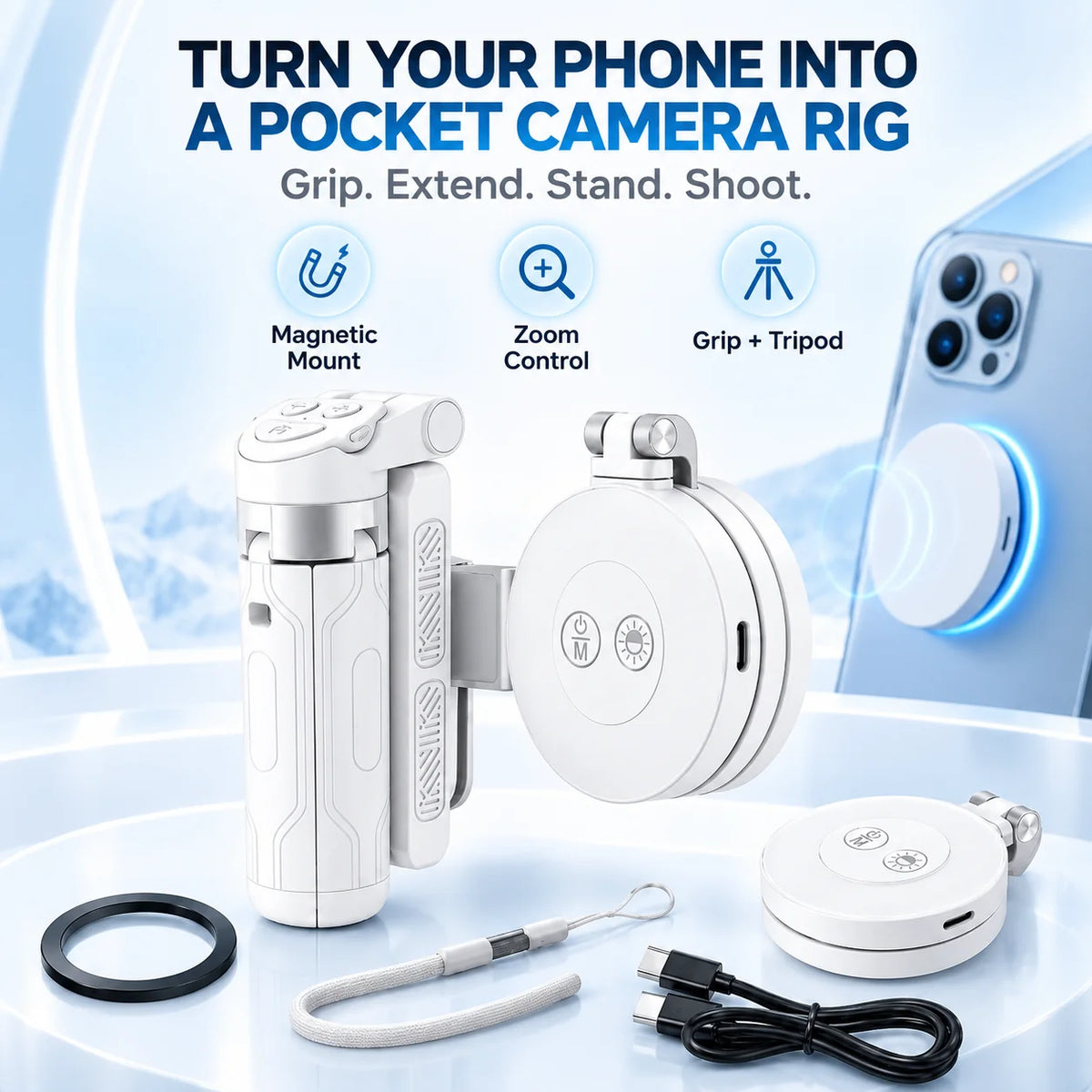 📸 Zoomable Magnetic Palm Grip | Selfie Stick & Tripod