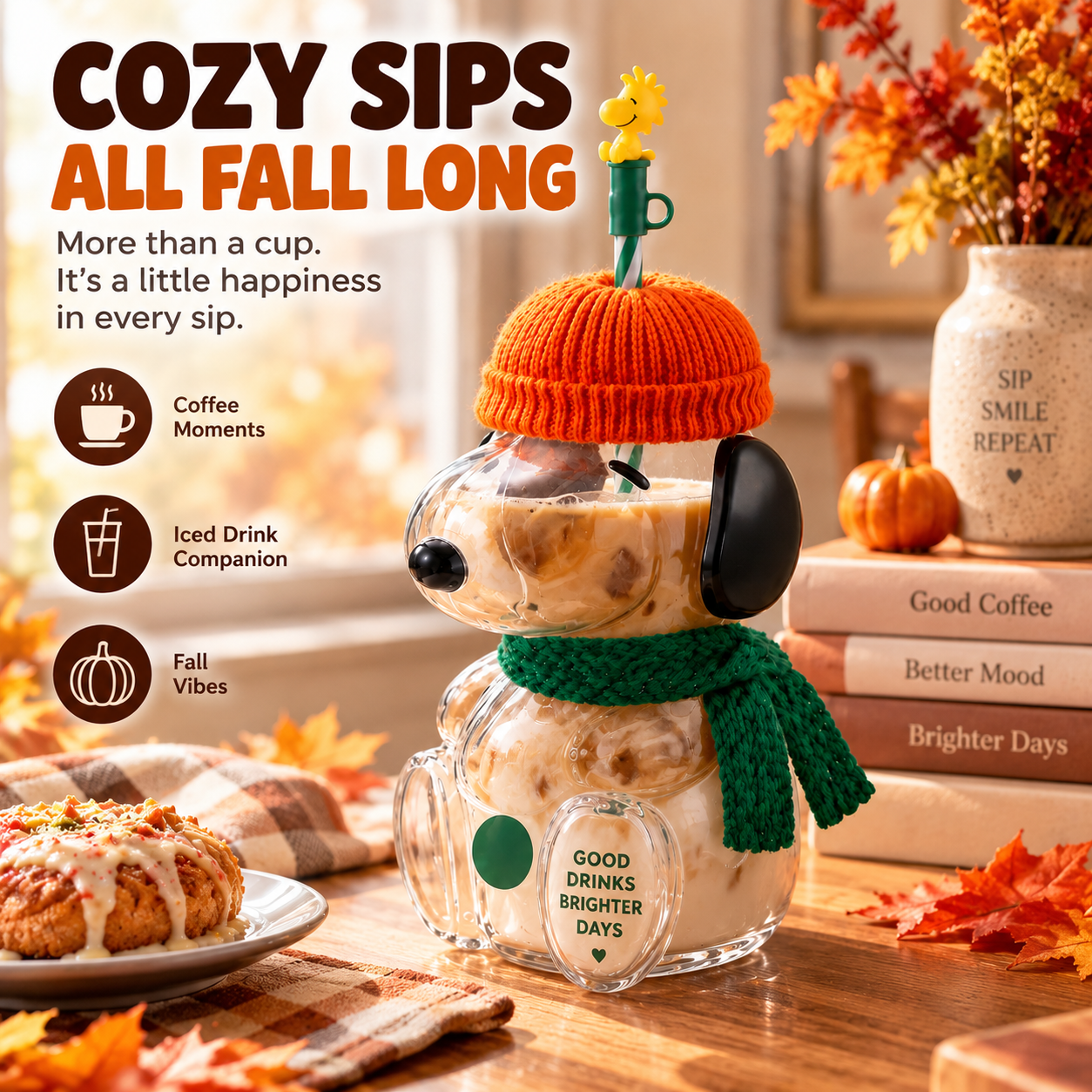 🧋 FALL FAVORITE   | Cute Character Cold Cup – 3D Glass Tumbler with Straw for Iced Coffee, Matcha & Cold Drinks