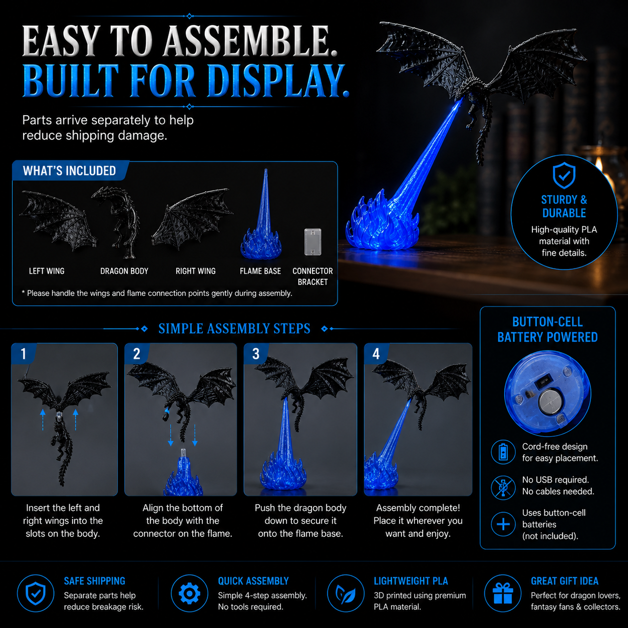 🔥🐲3D Fire-Breathing Dragon LED Display – Fantasy Bookshelf Decor with Glowing Flame