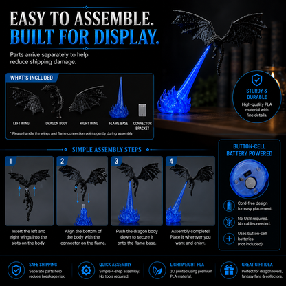 🔥🐲3D Fire-Breathing Dragon LED Display – Fantasy Bookshelf Decor with Glowing Flame
