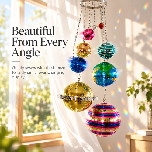 🪐 Solar System Disco Ball Hanging Mobile – Colorful Reflective Celestial Room Decor