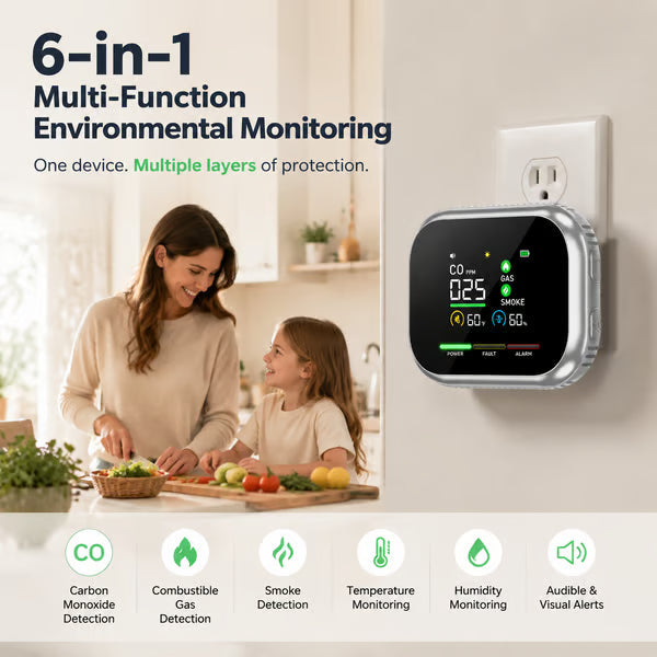 🛡️ Smart 6-in-1 Gas Detector – CO Smoke & Gas Leak Alarm With LCD Display