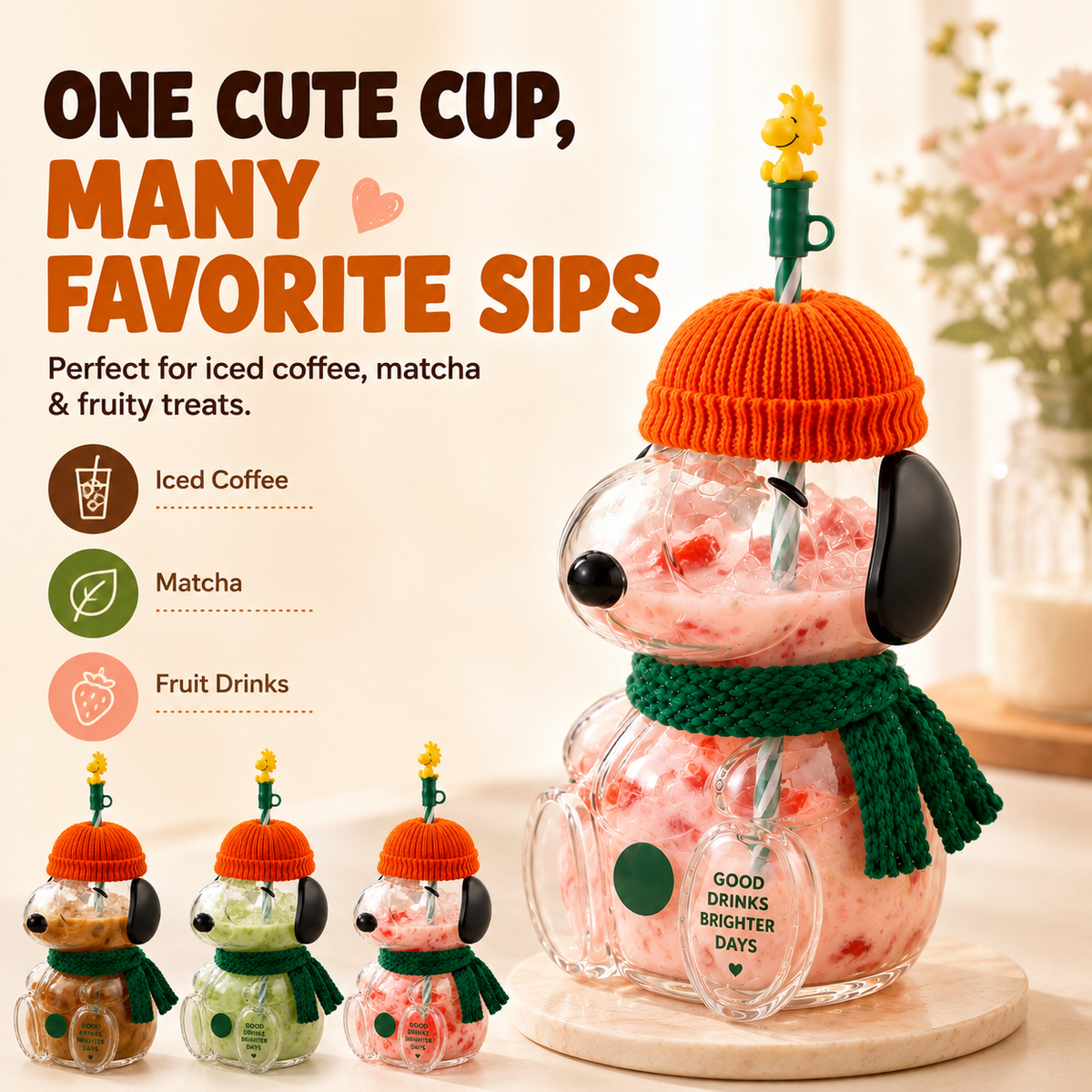 🧋 FALL FAVORITE   | Cute Character Cold Cup – 3D Glass Tumbler with Straw for Iced Coffee, Matcha & Cold Drinks