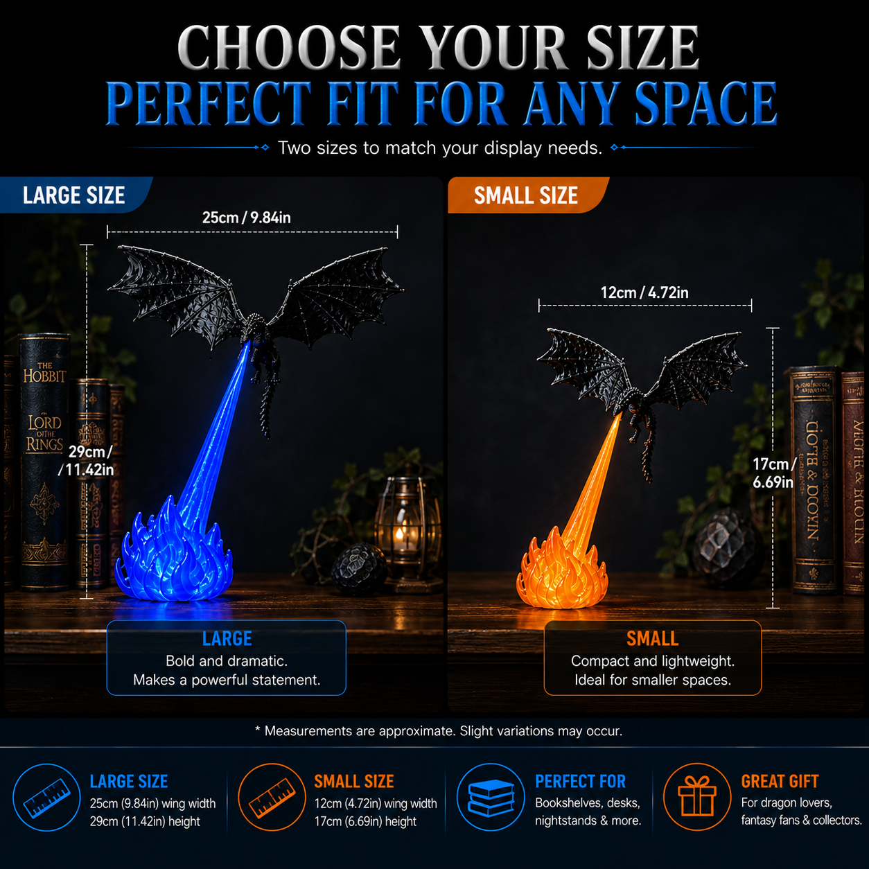 🔥🐲3D Fire-Breathing Dragon LED Display – Fantasy Bookshelf Decor with Glowing Flame