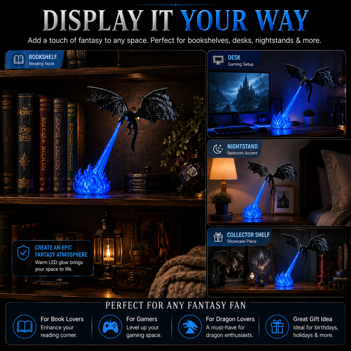 🔥🐲3D Fire-Breathing Dragon LED Display – Fantasy Bookshelf Decor with Glowing Flame