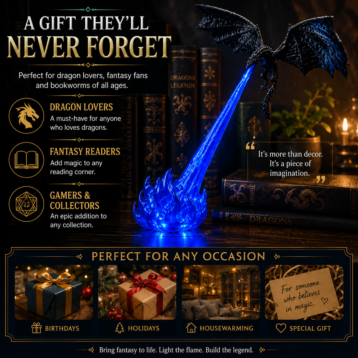 🔥🐲3D Fire-Breathing Dragon LED Display – Fantasy Bookshelf Decor with Glowing Flame