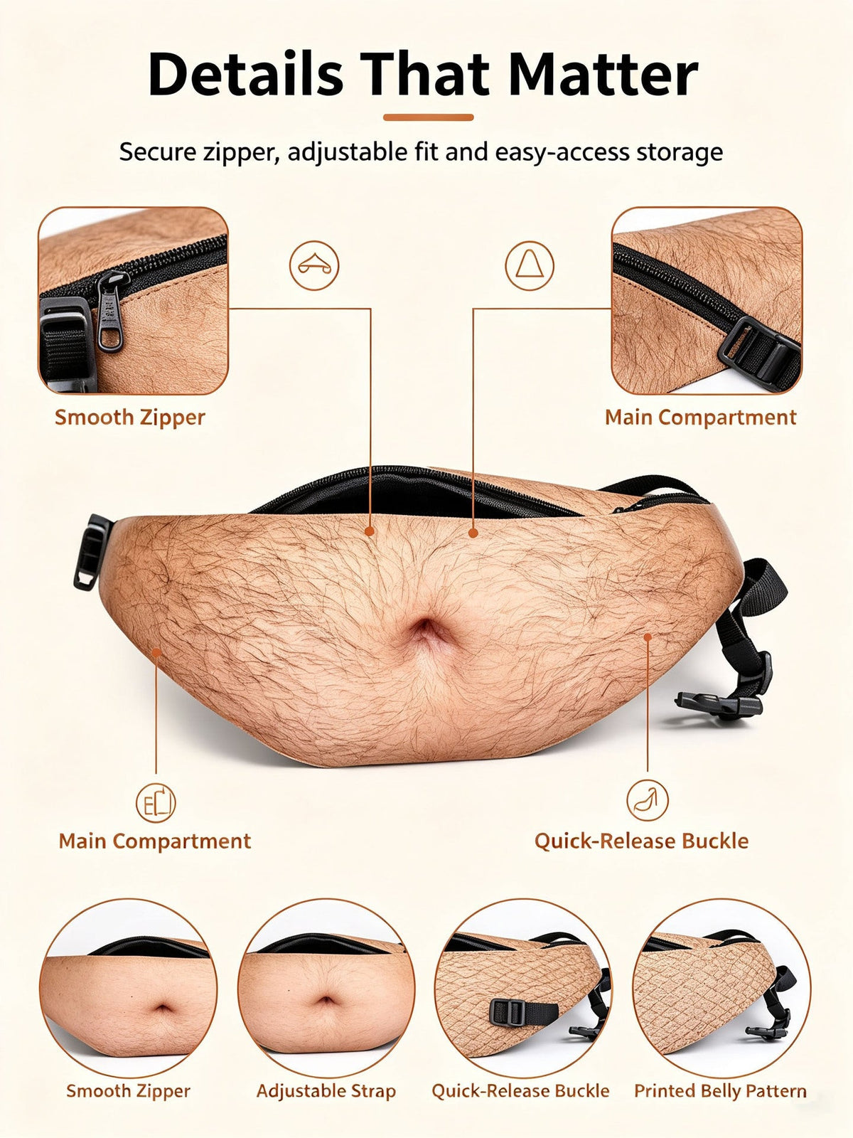 😂Beer Belly Fanny Pack | Realistic Belly Print Waist Bag in 4 Patterns