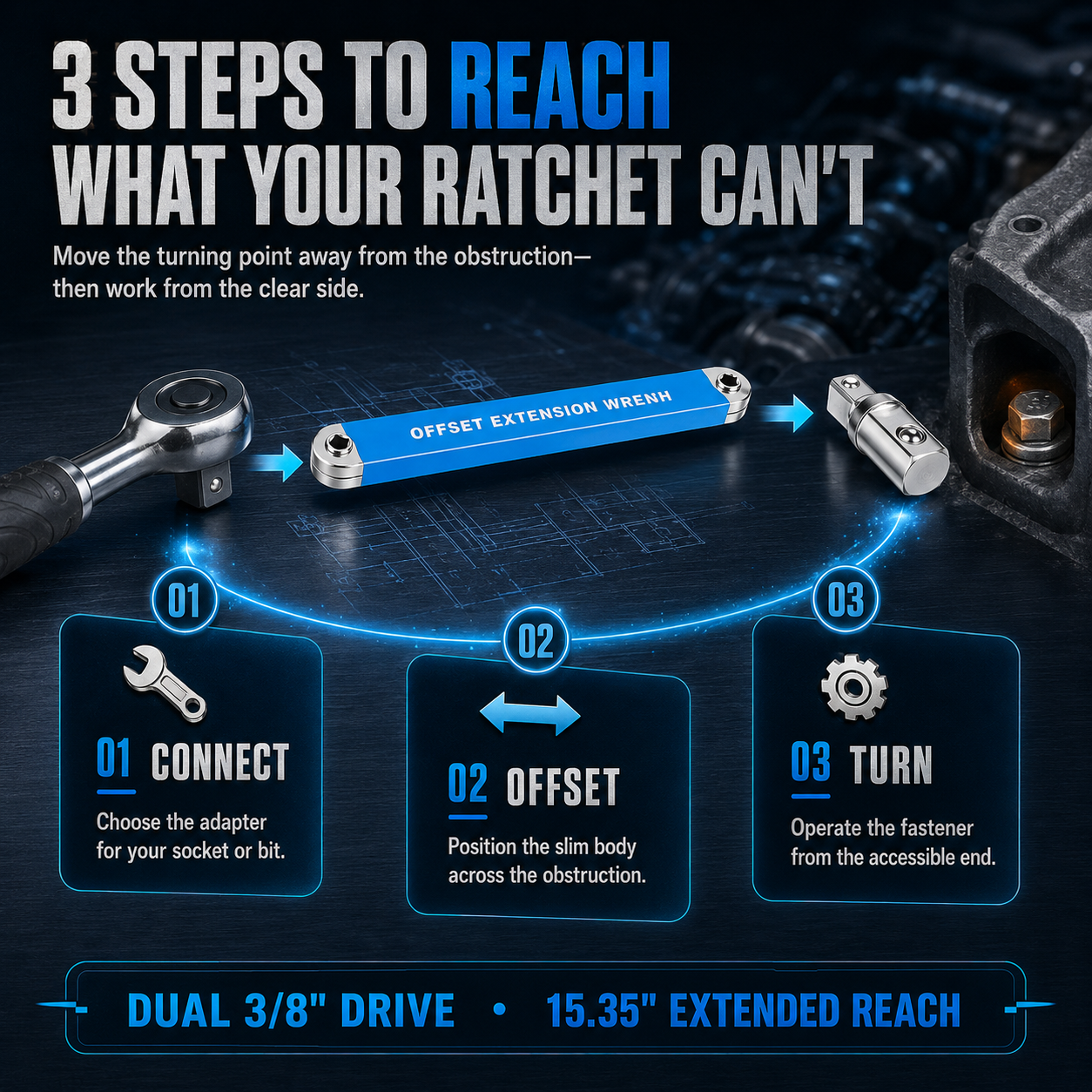 ⚡3/8' Offset Extension Wrench Set – Reach Tight Bolts Without Removing Parts