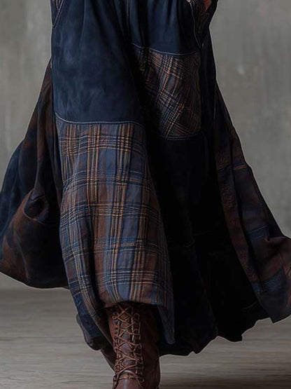 Vintage Patchwork Suede Maxi Dress With Plaid Panels