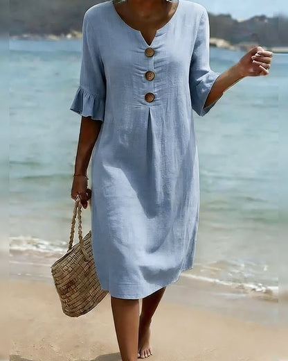 Button Ruffle Sleeve 100% Cotton Dress