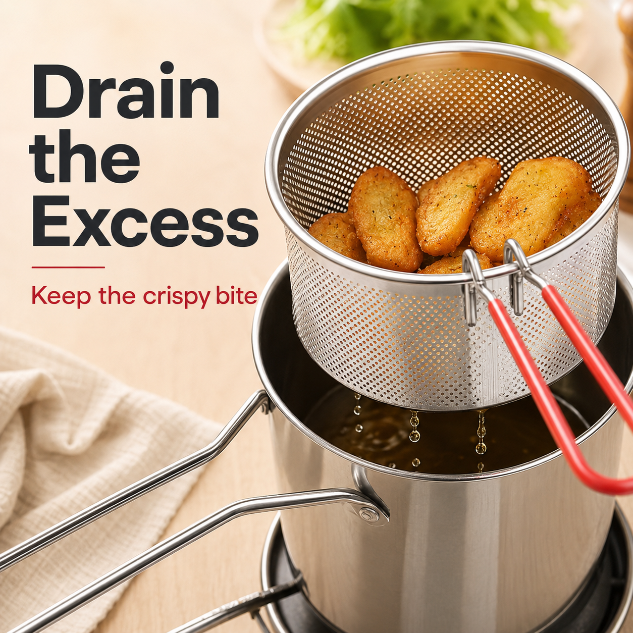 🍗Personal Mini Deep Fryer Set – Stainless Steel Pot with Lift-Out Draining Basket & Food