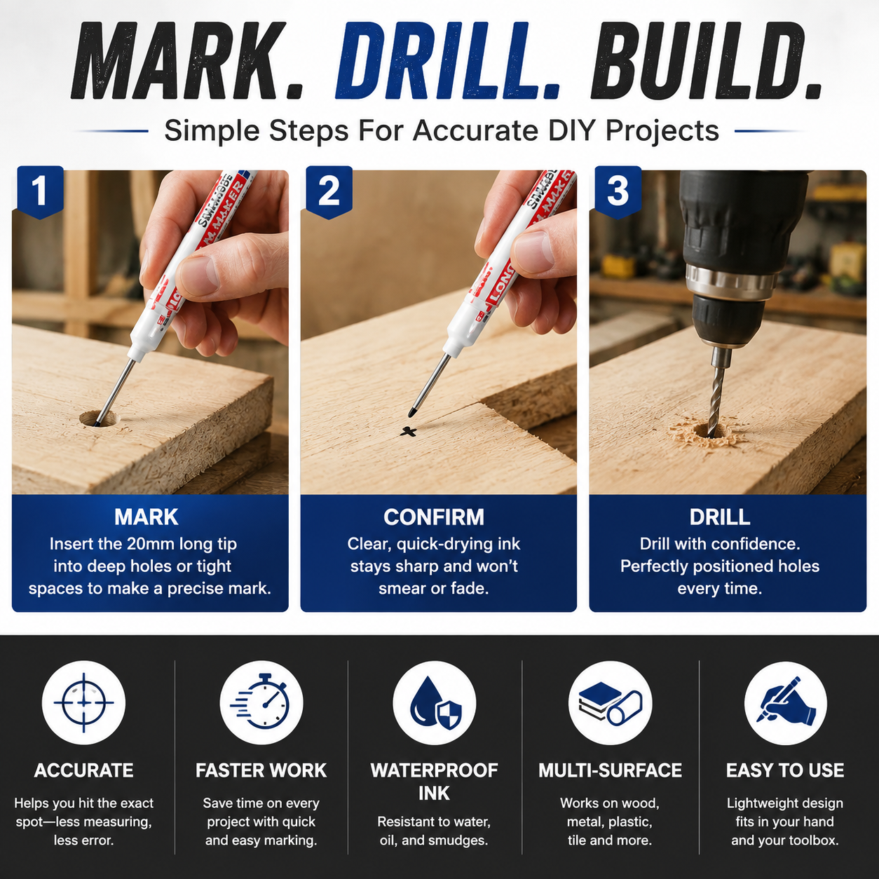 ⚡ Deep Hole Marker Pen – 20mm Long Reach Tip for Precise DIY & Woodworking Marks