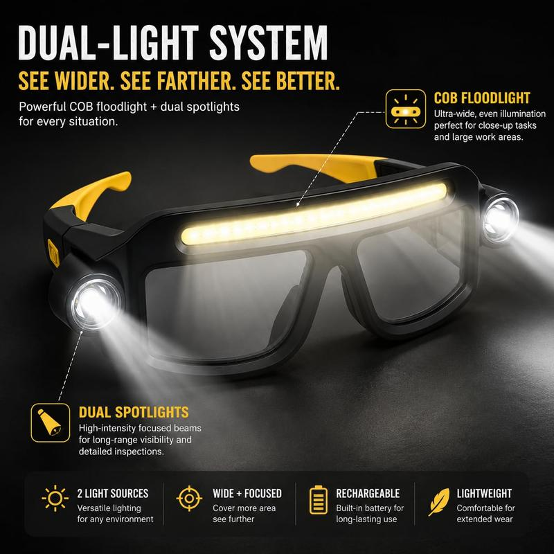 💡Hands-Free LED Work Glasses with Wide Front Beam, Side Lights & Over-Glasses Fit