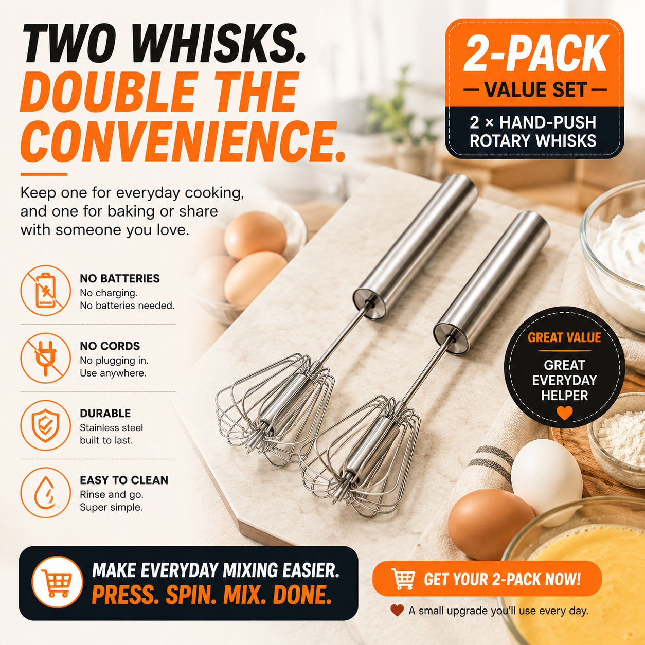 🍰 2-Pack Hand-Push Rotary Whisk – Press, Spin & Mix with Ease