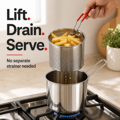 🍗Personal Mini Deep Fryer Set – Stainless Steel Pot with Lift-Out Draining Basket & Food Tongs