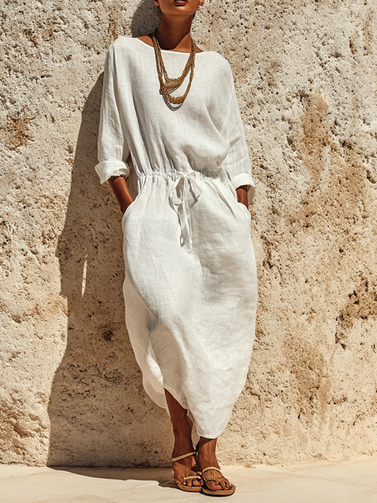 Women's Casual Solid Color Cotton Linen Round Neck Long Sleeve Maxi Dress