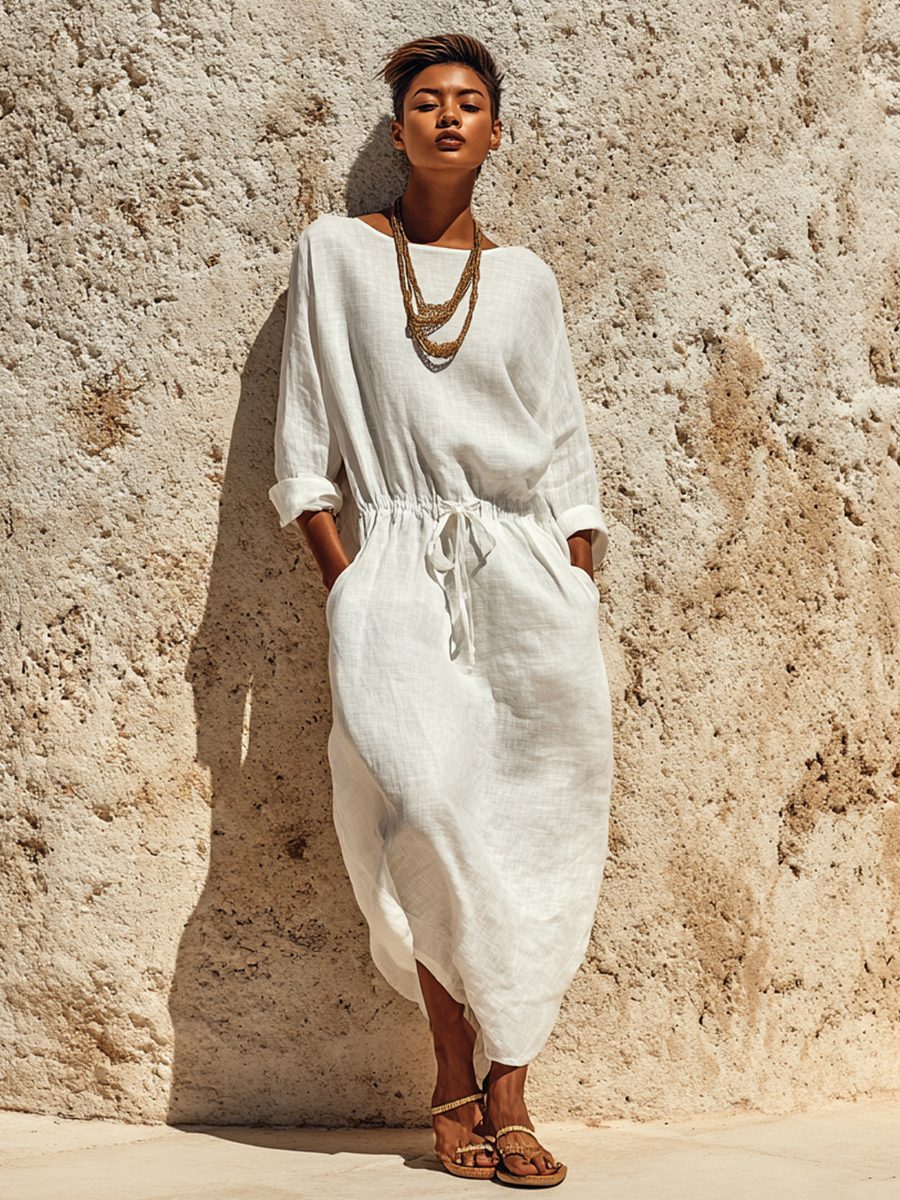 Women's Casual Solid Color Cotton Linen Round Neck Long Sleeve Maxi Dress