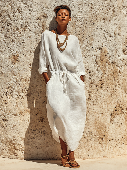 Women's Casual Solid Color Cotton Linen Round Neck Long Sleeve Maxi Dress