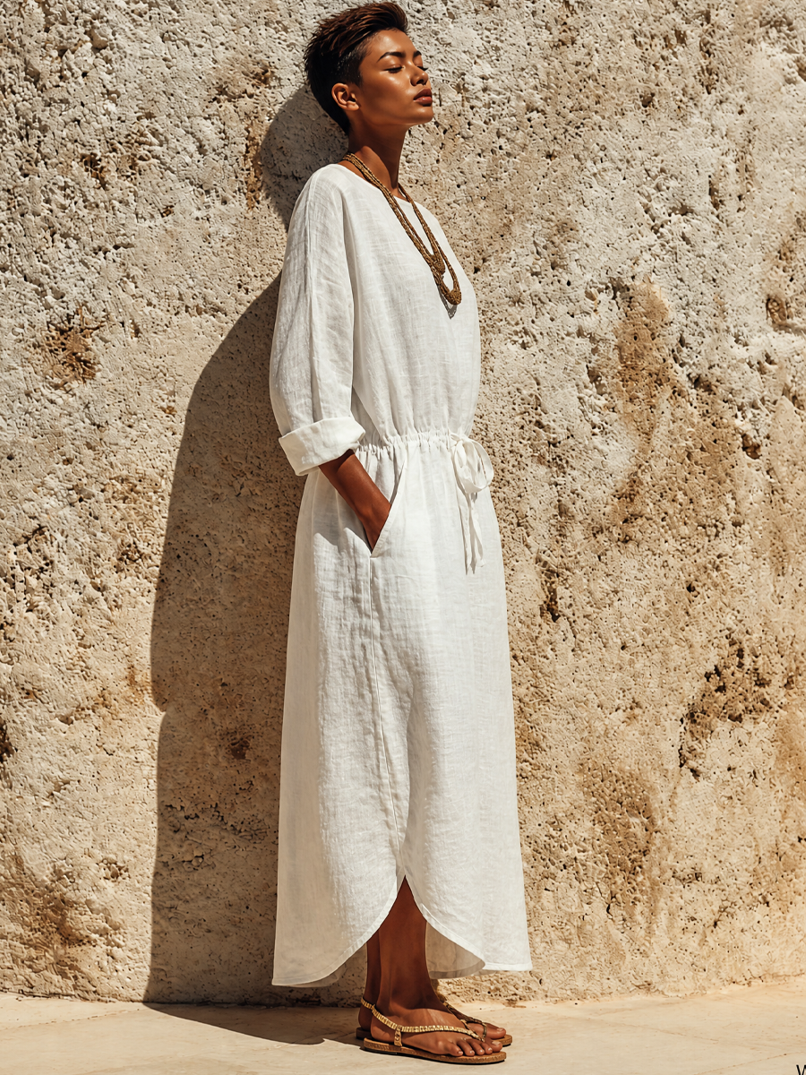 Women's Casual Solid Color Cotton Linen Round Neck Long Sleeve Maxi Dress