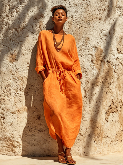 Women's Casual Solid Color Cotton Linen Round Neck Long Sleeve Maxi Dress