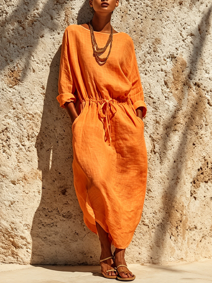 Women's Casual Solid Color Cotton Linen Round Neck Long Sleeve Maxi Dress