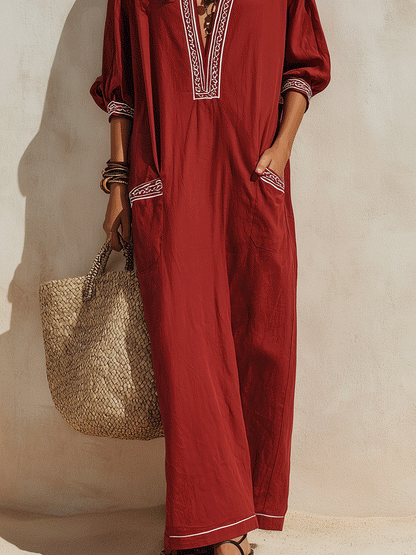 Ethnic Resort Linen Contrast-Trim Pocket Loose Brick Red Peasant Maxi Dress