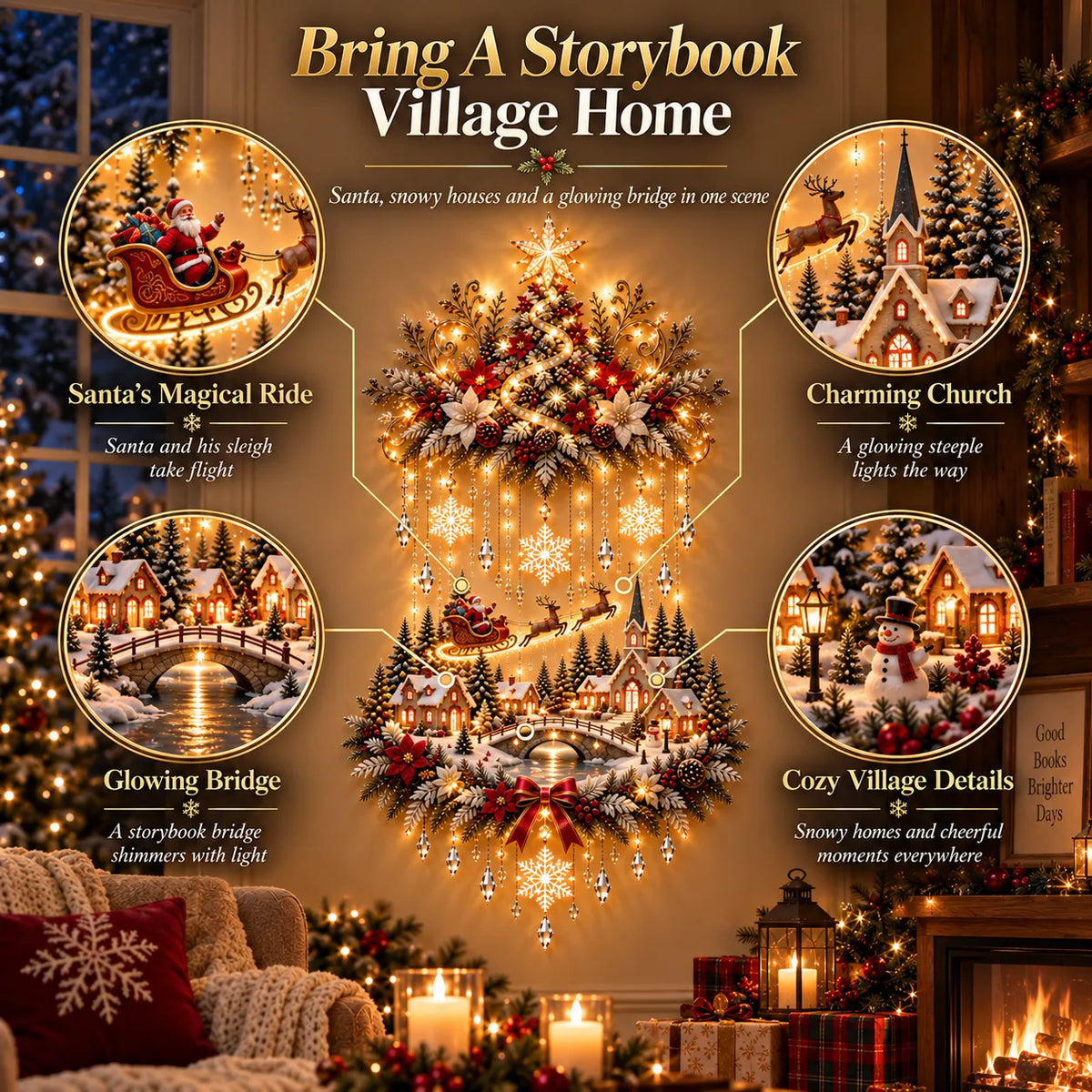 ⭐⭐ Illuminated Christmas Tree & Village Wall Hanging | Cascading Warm Lights for Living Rooms, Entryways & Staircases ✨