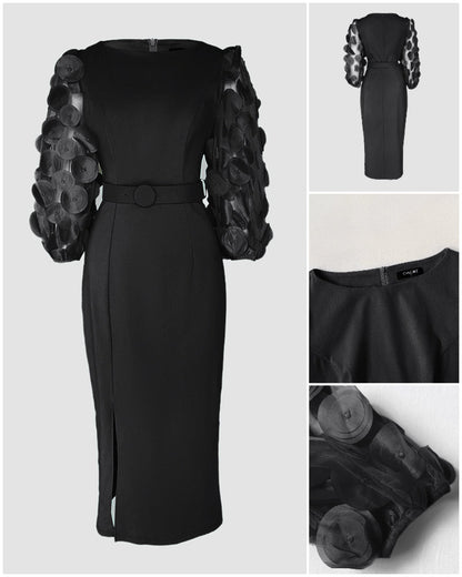 3D Polka Dot Appliques Mesh Lantern Sleeve Zipper Back Slit Work Dress Cinched Waist Slim Fit Mid Length Dress With Belt