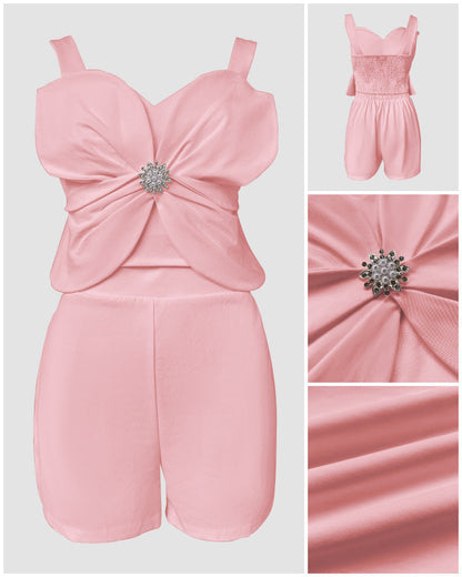 2 Pieces Outfit 3D Flower Decor Sweetheart Neck Thick Straps Shirred Back Crop Top and Casual Elastic Back Waist Shorts Set