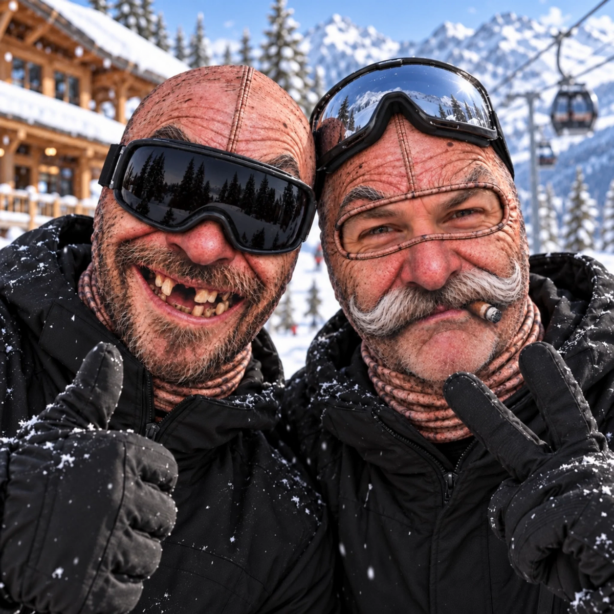Funny ski masks worn by two skiers at a snowy mountain resort