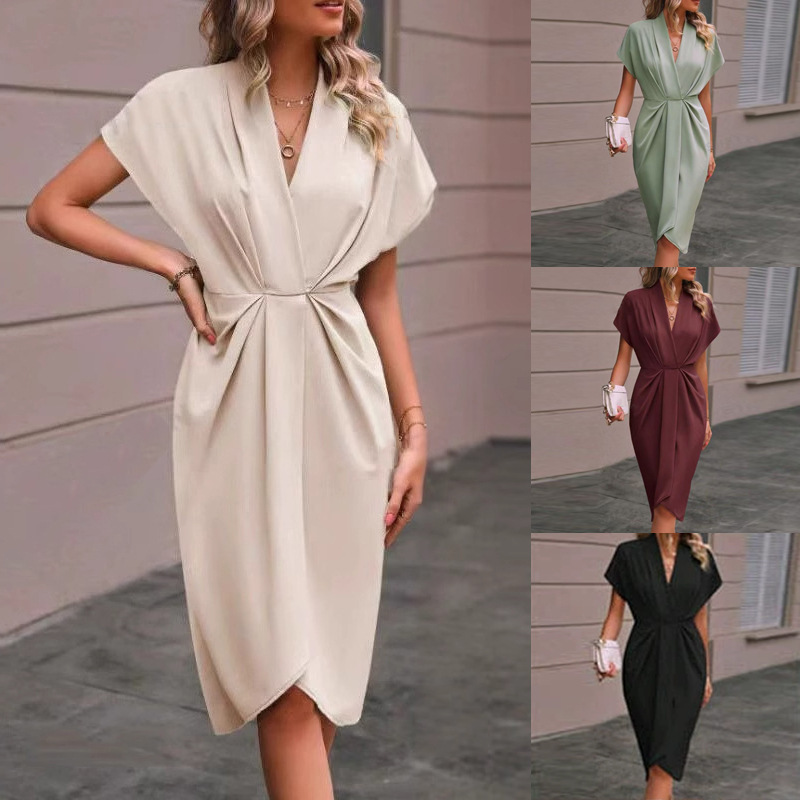Women's Casual Dress Midi Dress Ruched Date Vacation Streetwear Basic V Neck Short Sleeve Black Pink Dark Green Color
