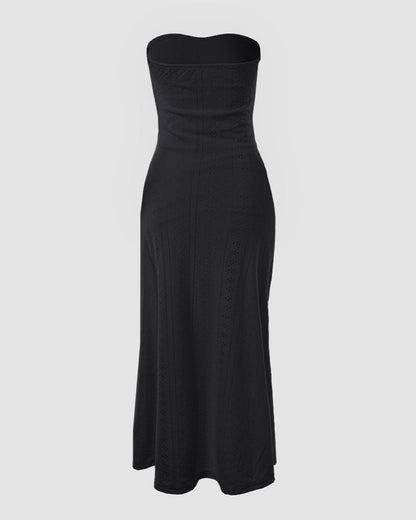 Sleeveless Ruched Cinched Waist Draped Bandeau Dress Eyelet Embroidery Slit Asymmetrical Hem Vacation Dress