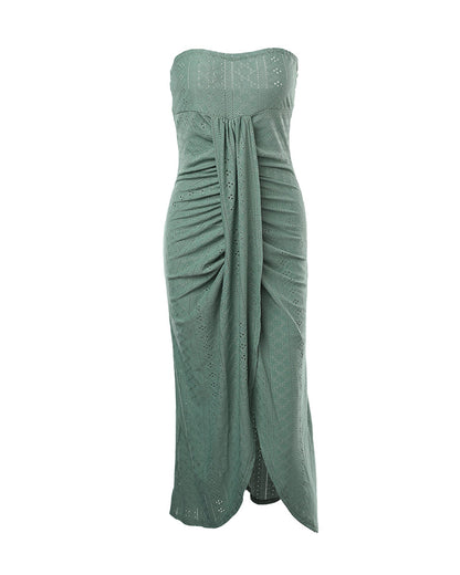 Sleeveless Ruched Cinched Waist Draped Bandeau Dress Eyelet Embroidery Slit Asymmetrical Hem Vacation Dress