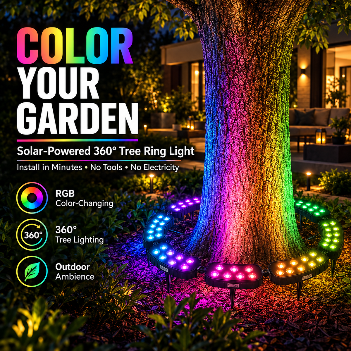 🌈 Solar RGB Tree Ring Light – 7-Color Outdoor Landscape Uplighting
