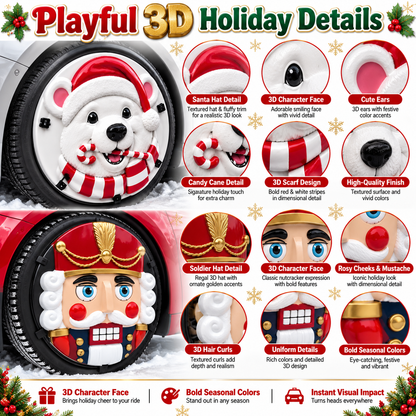 🎄✨16-inch Christmas 3D Wheel Covers – Festive Polar Bear & Nutcracker Car Decor