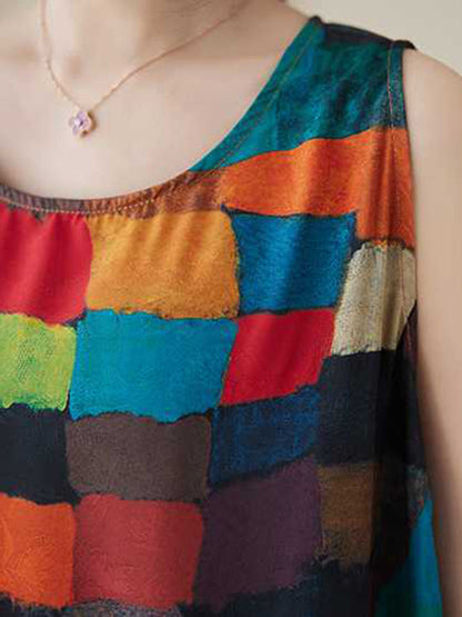 Loose Sleeveless Contrast Color Multi-Colored Plaid Round-Neck Midi Dresses