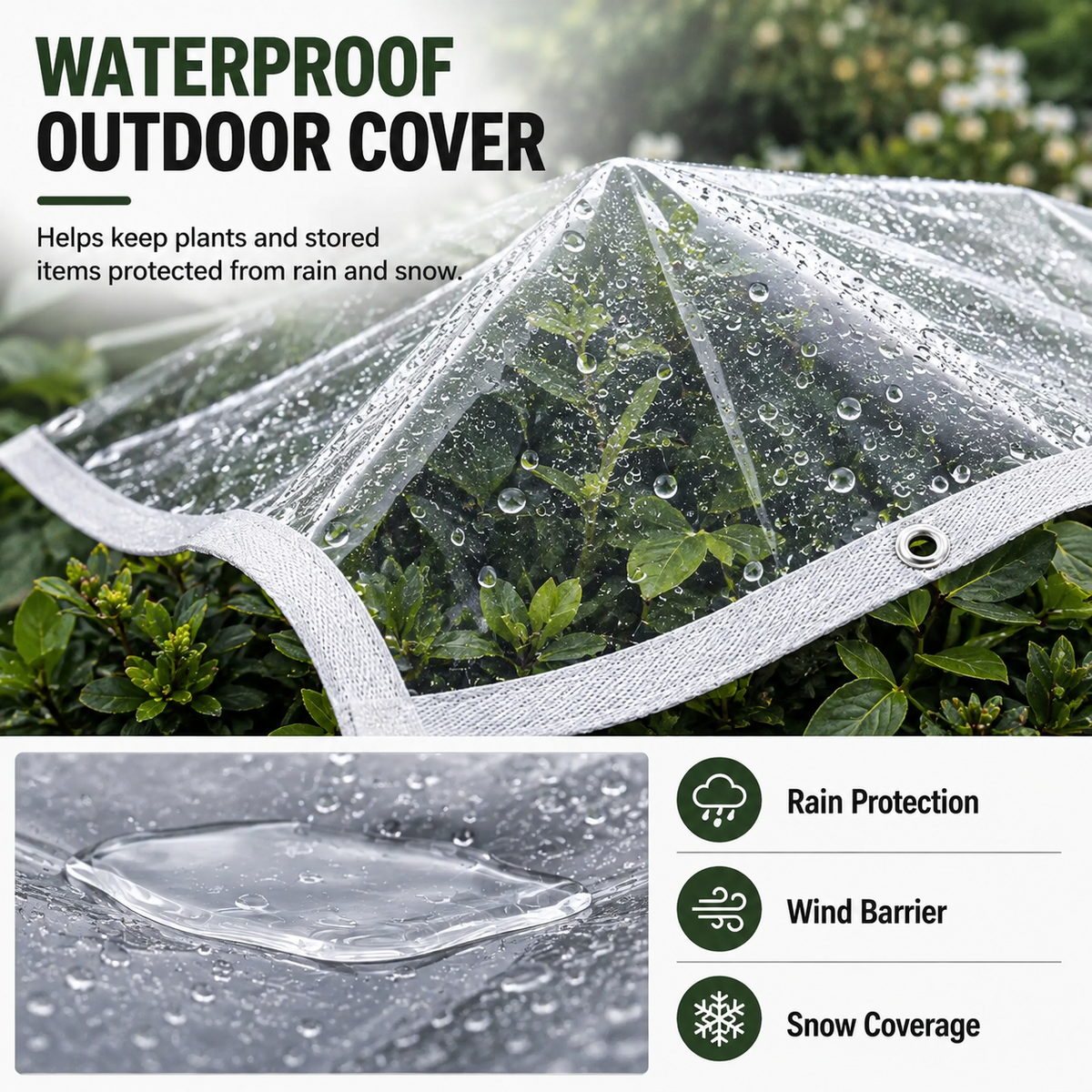 ☀️Clear Waterproof PE Tarp, Transparent Outdoor Cover with Metal Grommets🛡️