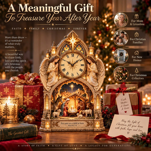 🕰️Cathedral-style Bethlehem Nativity clock – the Christmas story bathed in warm light.